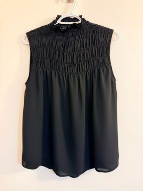 Smocked High-Neck Sleeveless Black Blouse